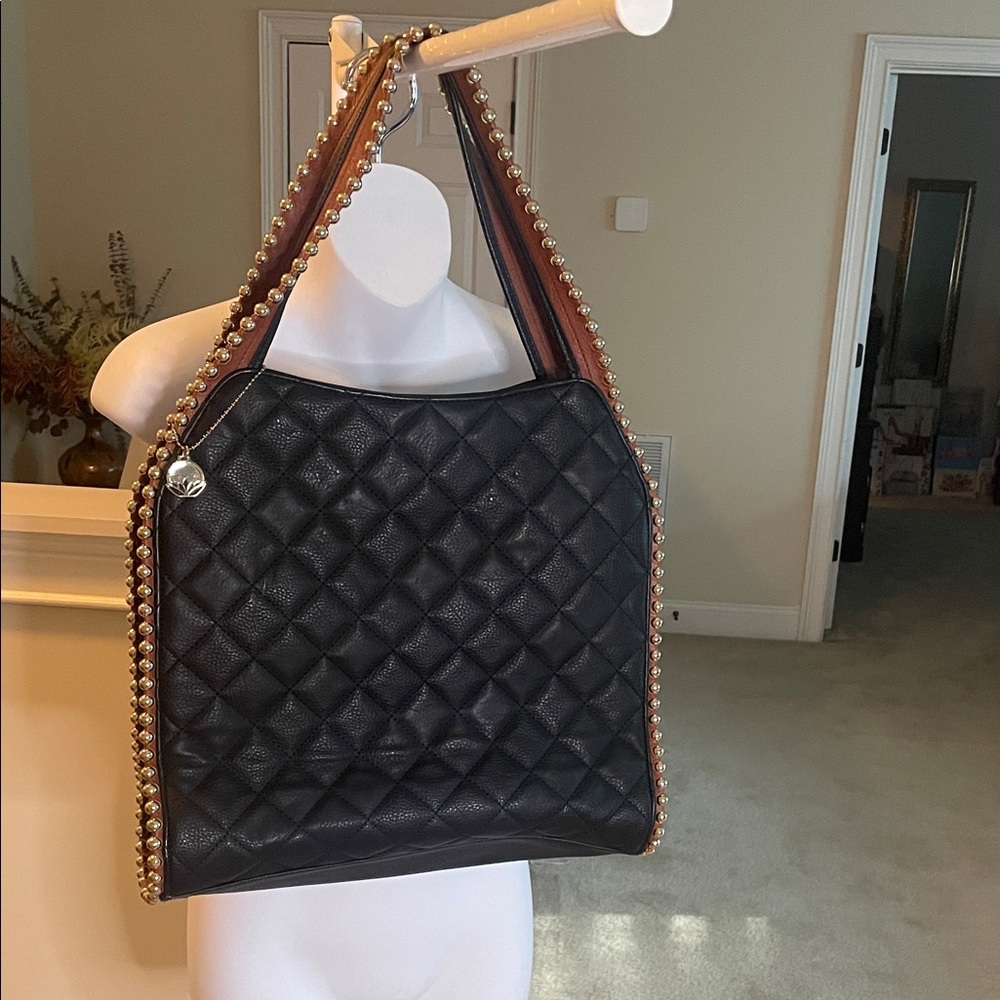 Big Buddha Black Quilted Shoulder Bag with Gold Bead Trim and Tan Edging